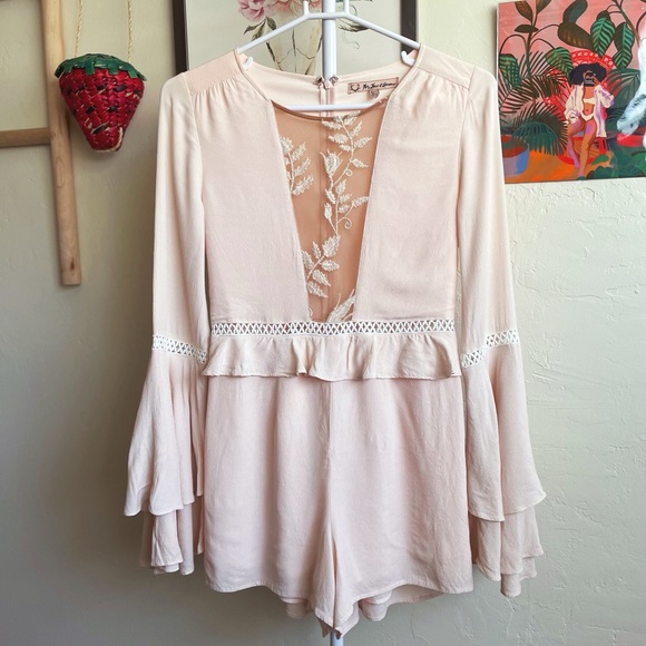 For Love And Lemons Whimsical Pink Blush Embroidered Sheer Romper - Picture 5 of 11